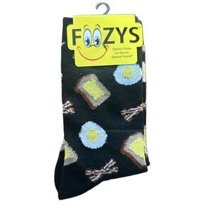 Foozys Womens Black Breakfast Pattern Eggs Bacon Toast Crew Socks One Size